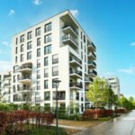 Cityscape of a residential area with modern apartment buildings, new green urban landscape in the city